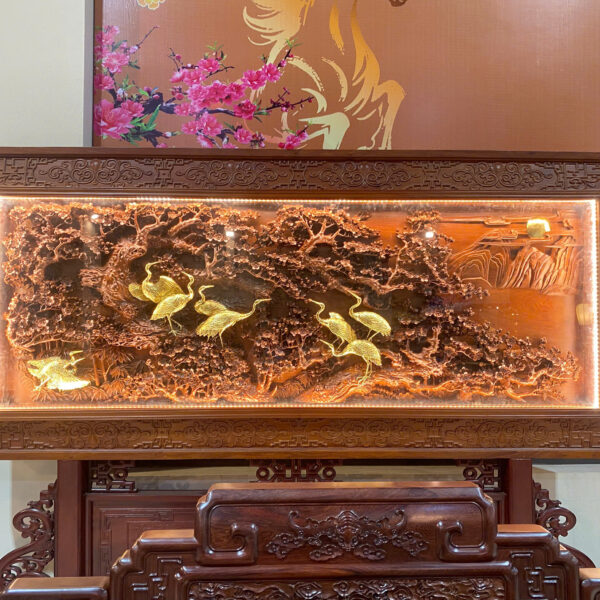 Tranh gỗ Cửu Hạc Quần Mai gỗ Hương đá liền khối