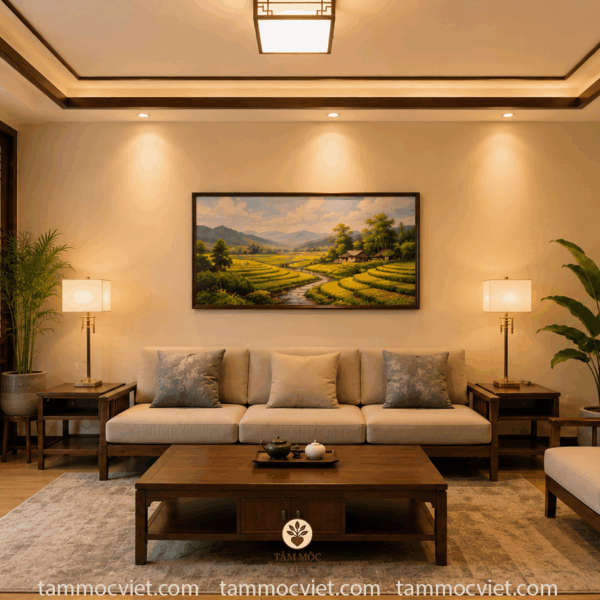 Nội thất phòng khách 20m2 á đông đương đại cao cấp