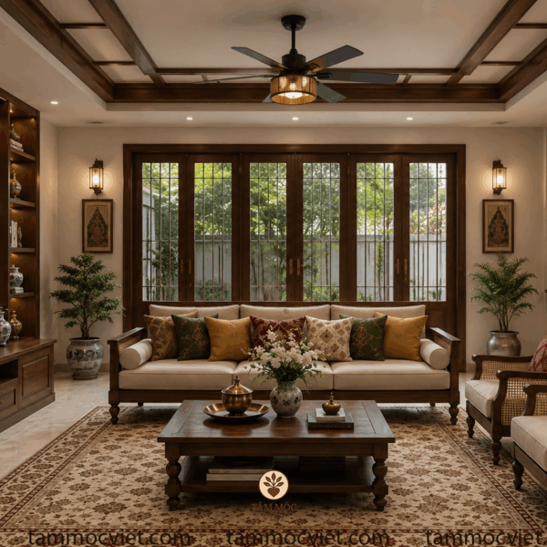 Phòng khách Á Đông đương đại 30m² gỗ Hương mix mây