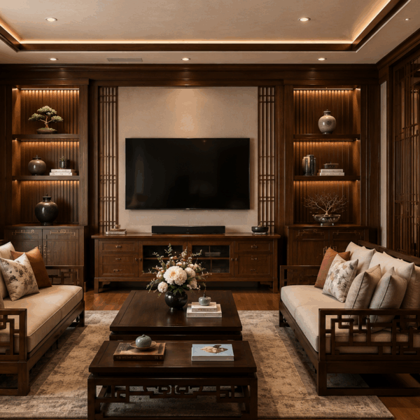 Phòng khách Á Đông đương đại 20–25m² gỗ Hương cao cấp