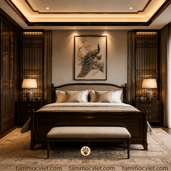 Phòng ngủ master gỗ gõ phong cách Á Đông đương đại 40m²