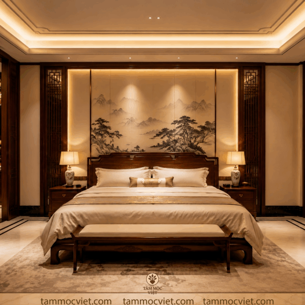 Phòng ngủ gỗ gõ đỏ Á Đông đương đại 30m2 cao cấp