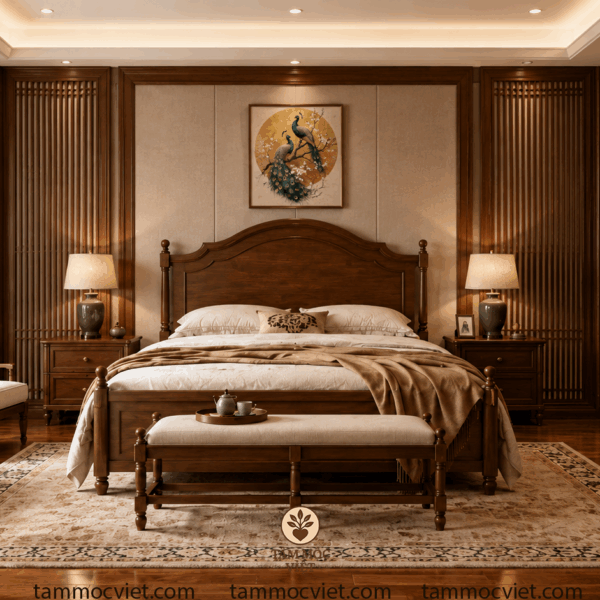 Phòng ngủ Master 30m² gỗ gõ đỏ phong cách Á Đông đương đại