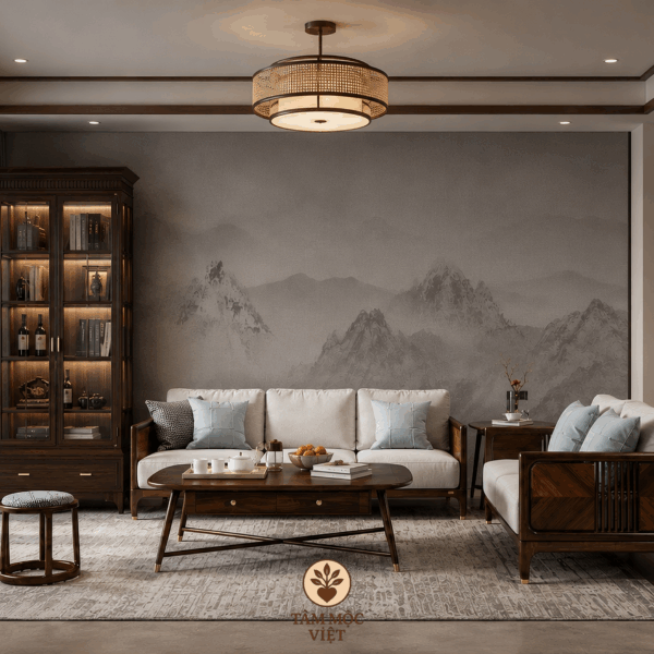 Phòng khách Á Đông đương đại 30m² bằng gỗ Hương – Vẻ sang trọng dành cho chung cư cao cấp