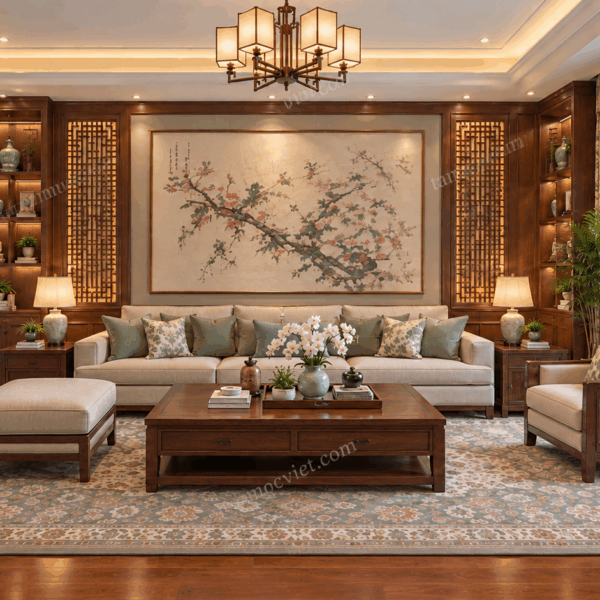 Phòng khách 30m2 phong cách Á Đông đương đại bằng gỗ gõ đỏ